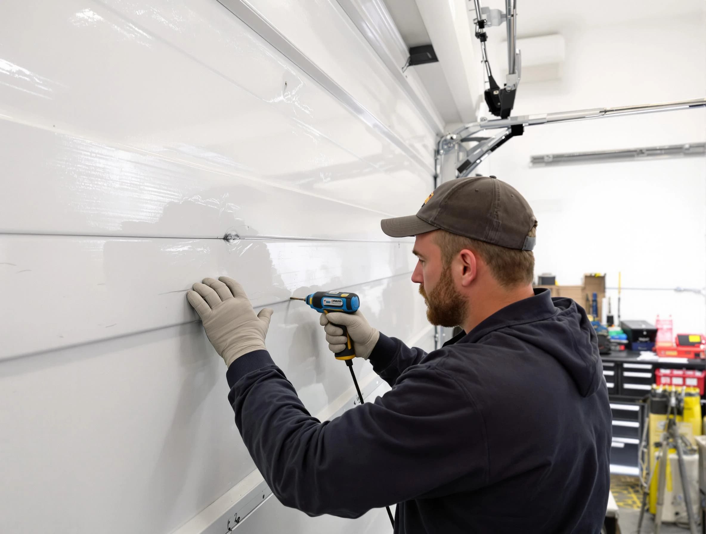 Christiana Garage Door Repair technician demonstrating precision dent removal techniques on a Christiana garage door